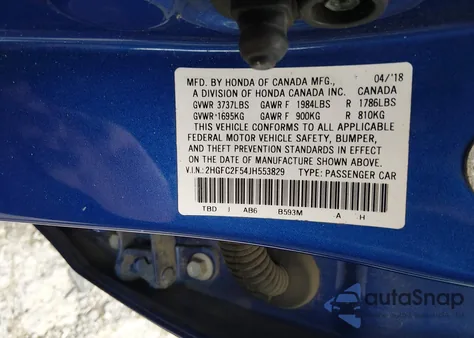 2018 Honda Civic Lx из США, поврежденный, VIN 2HGFC2F54JH553829